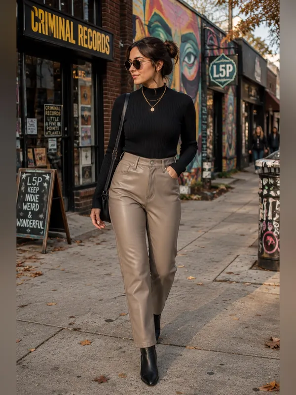 Abercrombie Curve Love Vegan Leather 90s Straight Pants Tan 27 Long High Rise 4‎ - Image 2