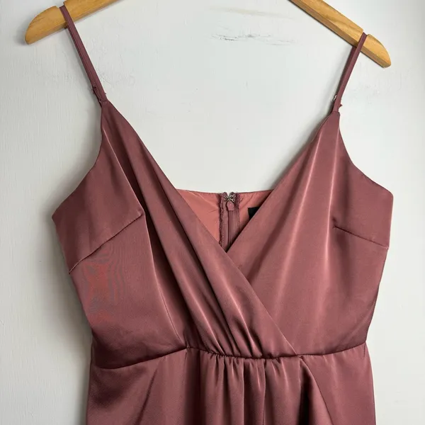 Lulus Enchanted Moments Mauve Pink Satin Ruffle Dress Sz Medium High Low V Neck - Image 6