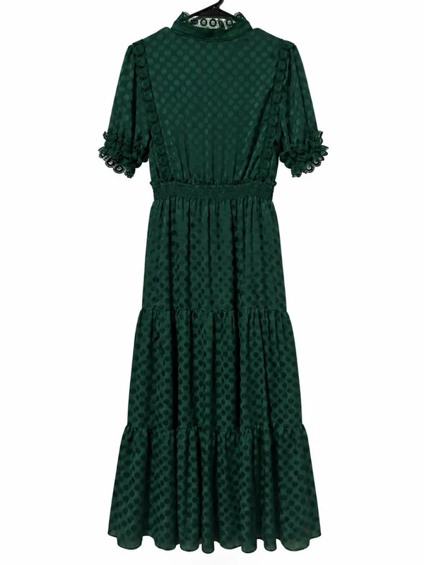 Max Studio Emerald Green Jacquard Lace Trim Tiered Midi Dress - Image 5