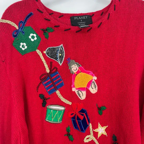 Vintage Red Christmas Sweater Embroidered Santa Toys Gifts Holiday Pullover - Image 11