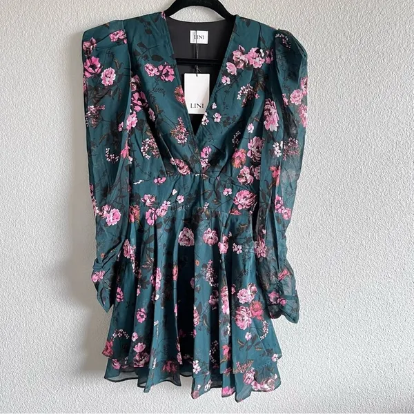 LINI Isabelle Floral Mini Dress Teal Pink Puff‎ Long Sleeve V-Neck Fit & Flare - Image 2