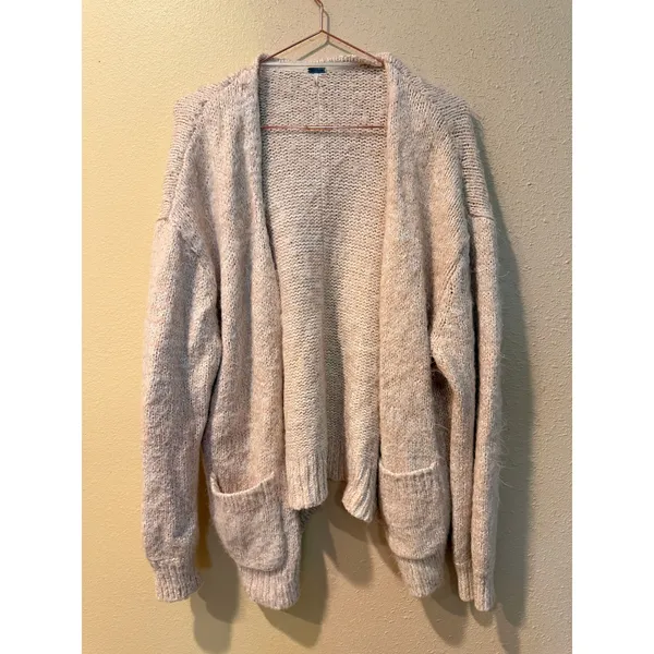 Free People Womens Cardigan M Beige Marled Oversized Open Front Knit Sweater - Image 3
