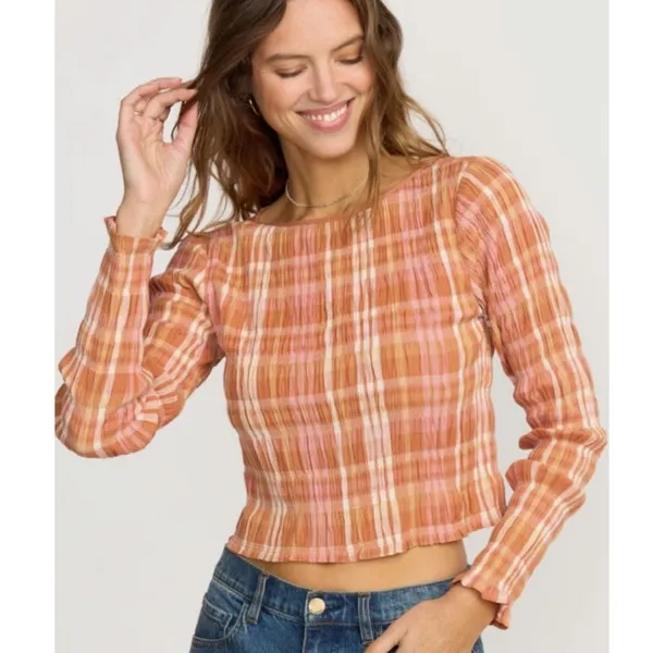 NWT Billabong Check Me Out Crop Top Plaid Smocked Long Sleeve Sunburnt Orange L - Image 2