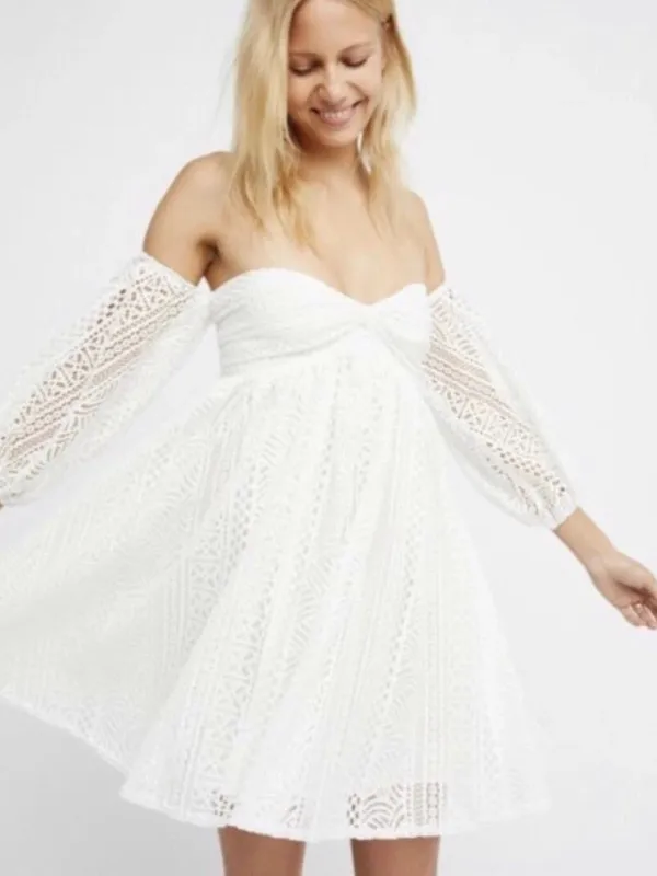 Free People Emmy Lou White Ivort Eyelet Babydoll Milkmaid Mini Dress L - Image 2