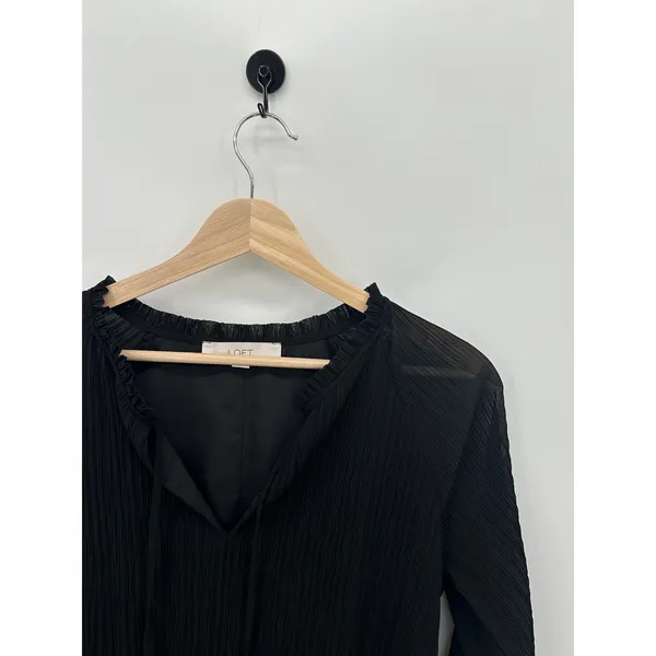 Loft Pleated Tie Neck Dress Womens Medium‎ Black Long Sleeve Knee Length BW18 - Image 7
