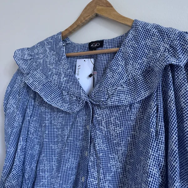 NEW Gigio Gingham Floral Puff Sleeve Top size small blue ruffle boho NWT blouse - Image 4