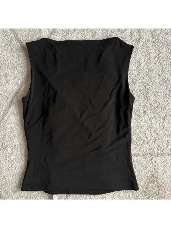 Elie Tahari Black Ruched Sleeveless Top Women’s Elegant Draped Boat Neck Blouse - Image 3