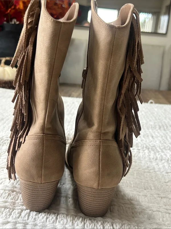 Fringe Western Boots in Tan with Stacked Heel - Image 3