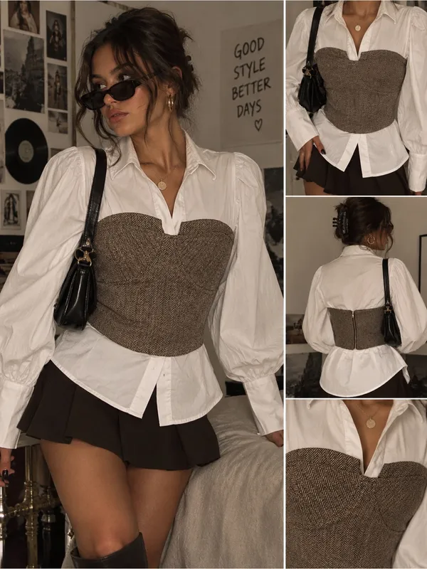 PrettyLittleThing Brown Tweed Strapless Bustier Top - Image 3