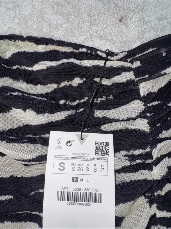 Zara Black & Cream Zebra-Stripe Ruched Mini Skirt - Image 2