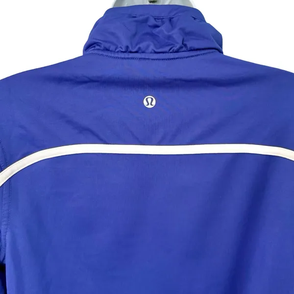 Lululemon Asana Blue Zip Up Track Jacket White Piping Thumbholes Size S / M - Image 4