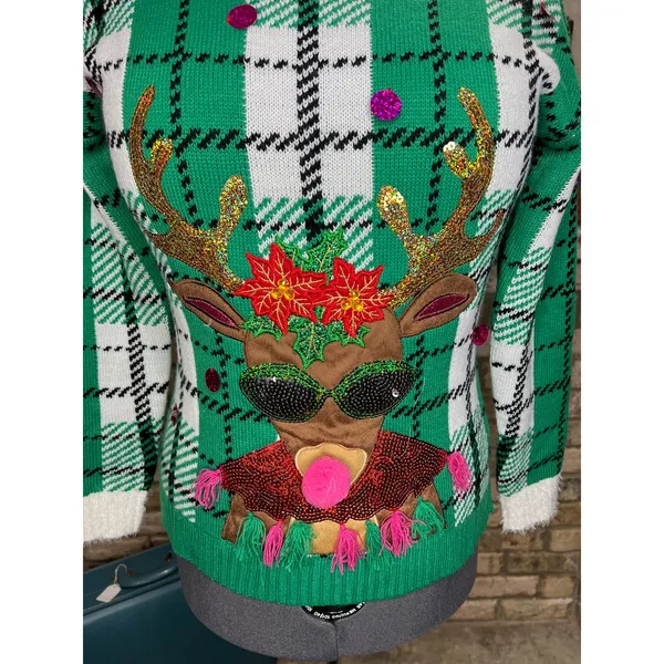 Celebrate together ugly christmas sweater reindeer rudolph plaid red green pink - Image 5