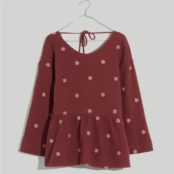 Madewell Embroidered Lightspun Peplum Gauze Open-Back Top in Vintage mulberry - Image 4