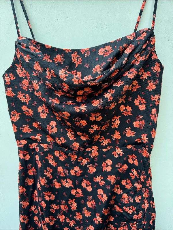 Anthropologie Coral Floral Draped Back- Slip Midi Dress Asymmetrical side - Image 5