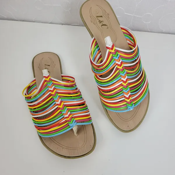 L&C Women's Slipper 6 Brown Multicolor Leather Band Strap Slip-On Flat Sandals - Image 2