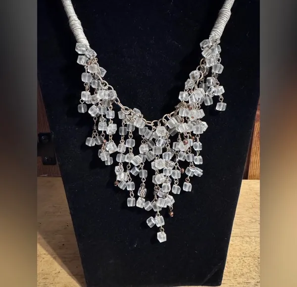 Cord Wrapped Silver Tone Acrylic beaded Chandelier Necklace - Image 2