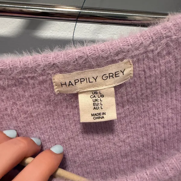 Happily Grey Fuzzy Knit Top Lavender Large Puff Sleeve‎ Feminine Casual Office - Image 2