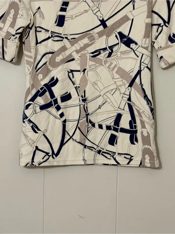 Lauren Ralph Lauren Belt Print Boatneck Top Navy Cream Equestrian Stretch Tee S - Image 12