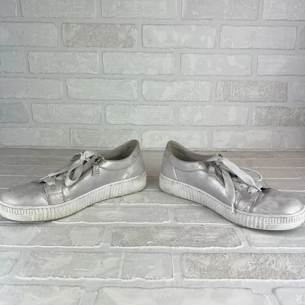 Gabor Platform Sneakers Womens 8 Silver Leather Metallic Lace Up Zip Comfort - Image 6