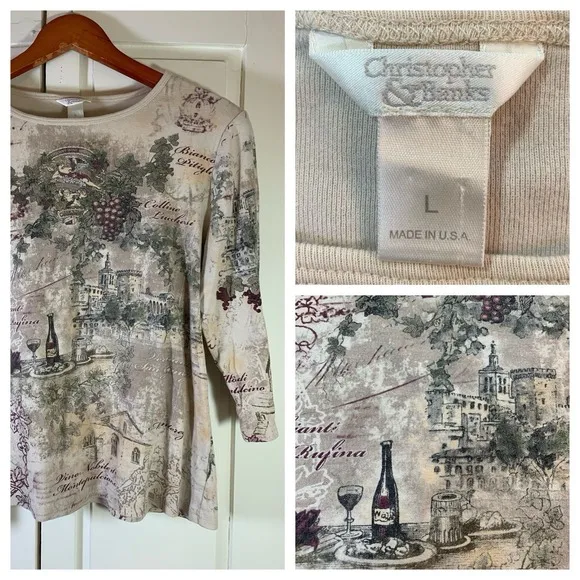 Christopher & Banks Vtg Y2K Italian Winery Scene Shirt Embellish Top USA Classic Romantic Watercolor - Image 2