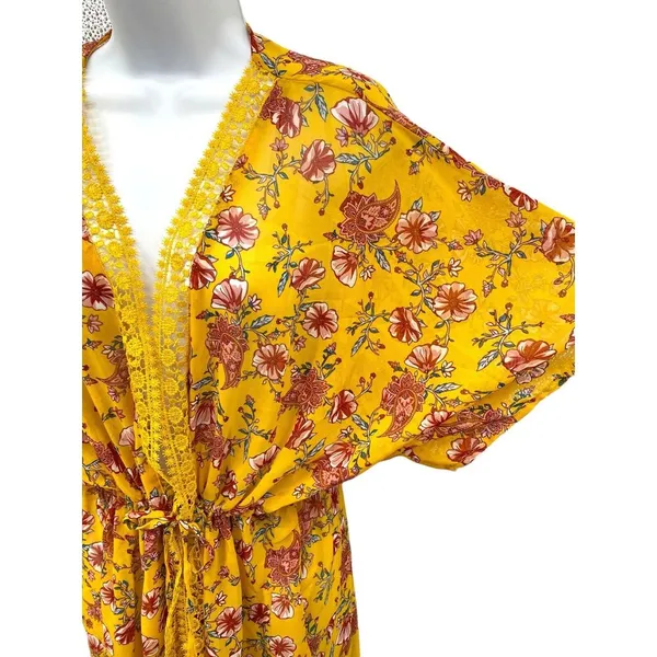 Derek‎ Heart Short Sleeeve Floral Cover Up Tie Up Kimono Large Boho Festival - Image 3