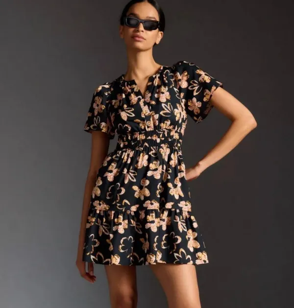 Anthropologie Somerset Mini Dress Black Neutral Floral Smocked Tiered Standard - Image 3