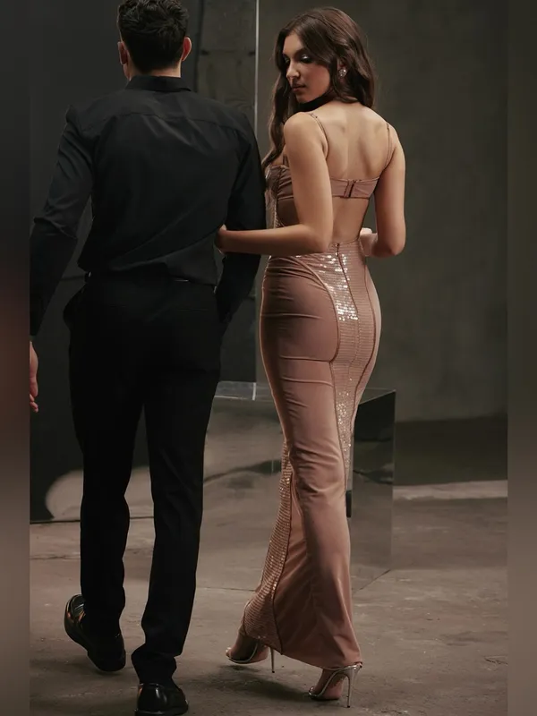 House of CB Bonita Cafe Au Lait Sequin Maxi Dress S - Image 8
