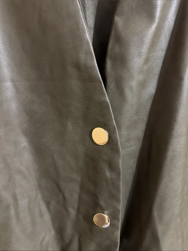 Zara Olive Green Faux Leather V-Neck Dress with Ruffle Hem - Image 3