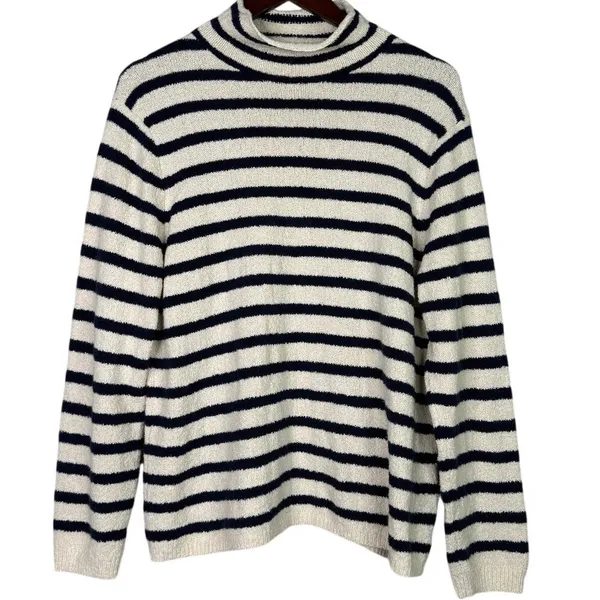 J. Crew Striped Knit Boucle Mock Neck Long Sleeve Sweater L Cream Navy Blue - Image 13