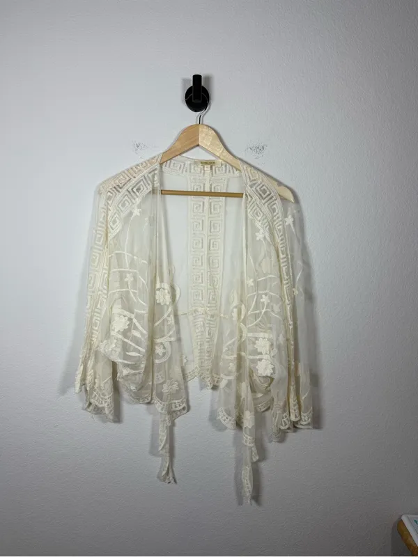 Boho Sheer Floral Embroidered Lace Kimono Crochet Scallop Festival L - Image 2