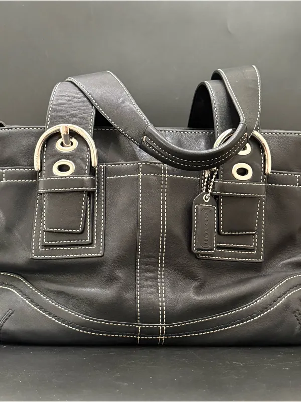 Vintage Y2K COACH F10911 Soho Carryall Satchel Black Leather Contrast Stitching - Image 13