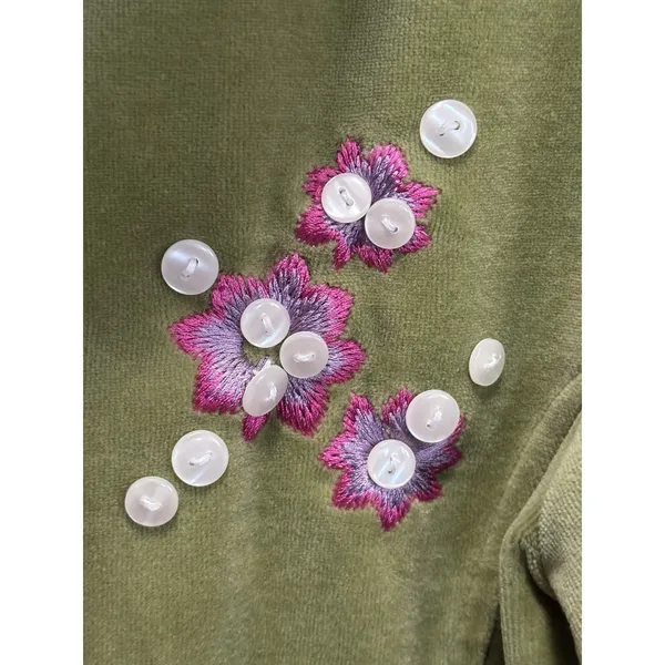 Vintage Connie Velour Green Zip Up Hoodie‎ Buttons Embroidery Pockets - Image 2