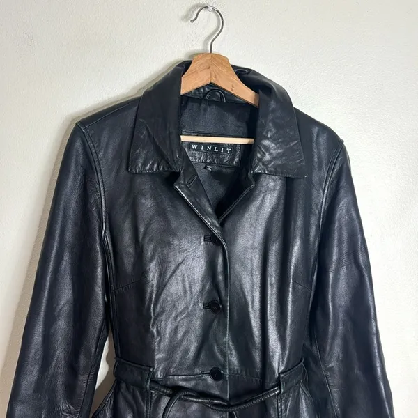 Vtg winlit ladies Y2K black leather jacket cinch waist size small retro‎ - Image 2