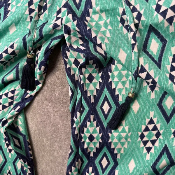 BOHO Wide Leg Palazzo‎ Pants Size S Green Geometric Smocked Waist Festival Flowy - Image 10