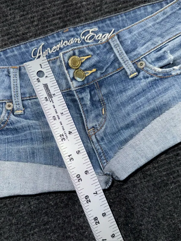 VTG Y2K American Eagle Ultra Low Rise Micro Mini Jean Shorts 2 Distressed Grunge - Image 7