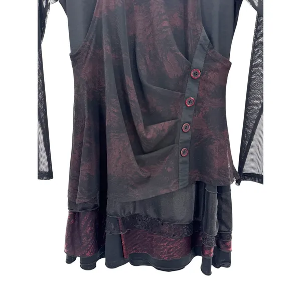 Gothic Whimsygoth Boho Mesh Layered Asymmetrical‎ Tunic Top Black Red Lace M/L - Image 2
