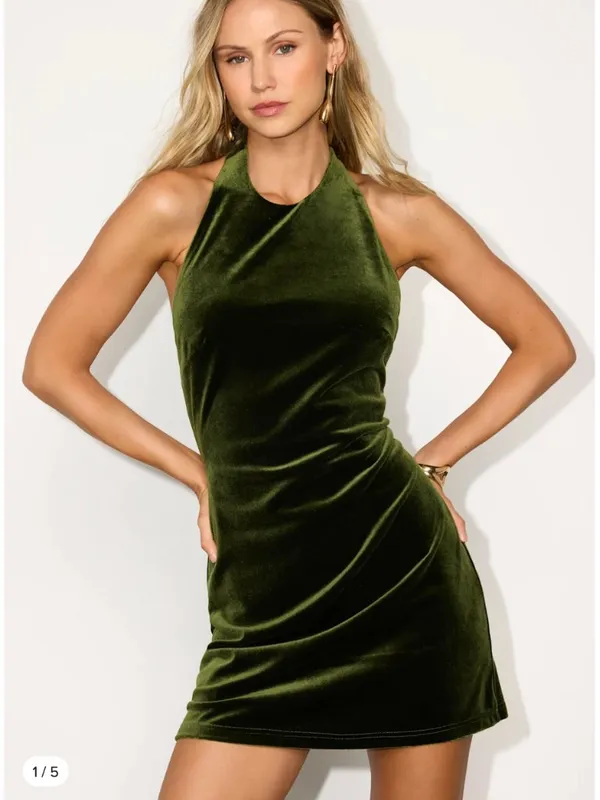 NWT Lulus Patrina Olive Green Velvet Halter Backless Mini Dress XL - Image 3