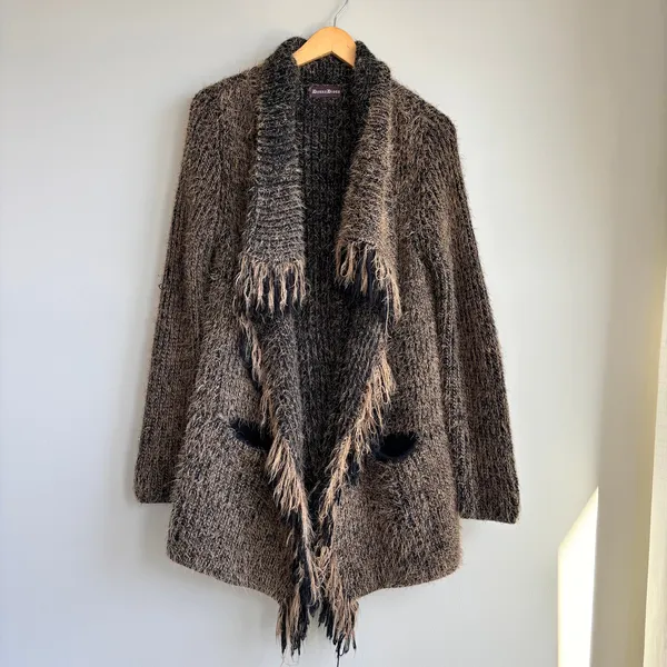 Donna Diosa Fringe Open Cardigan Sweater Fluffy Knit Shag Shabby Chic Boho - Image 12