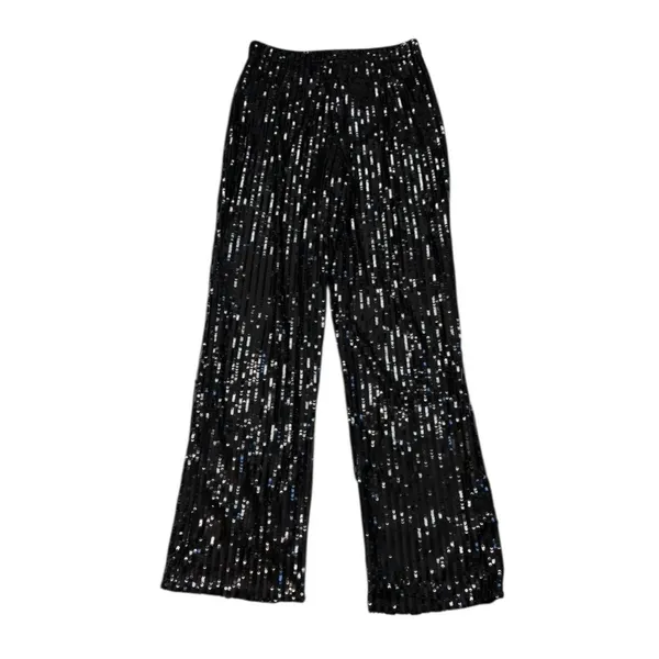 *New Boohoo Sequin Wide Leg Trouser Pant Womens 14 Black Cocktail Party Festive - Image 4
