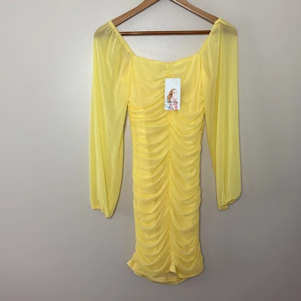 Pretty garden butter yellow mini‎ dress long sheer sleeves ruched body Size S - Image 7