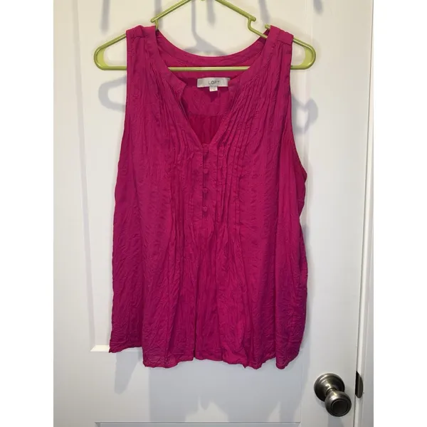 Loft Women’s Pink Y2K Pintucked Button Split Neck shell Large Blouse Sleeveless - Image 2