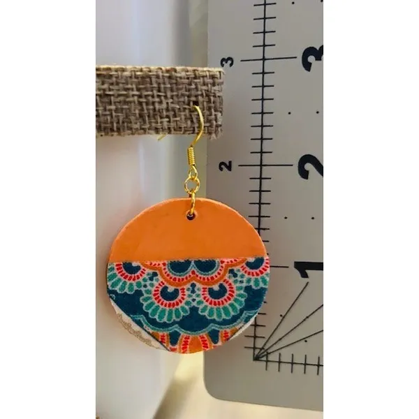 Boho Mandala Wood Fabric Drop Earrings Orange Teal Round Geometric Dangle - Image 2
