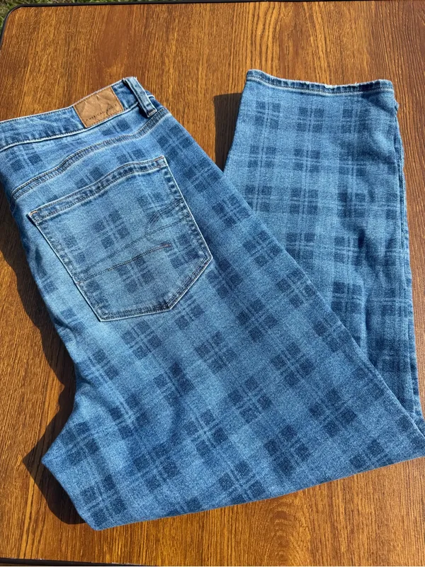 American Eagle Mom Straight Jeans Women 12 Short Blue Plaid Stretch - Image 3