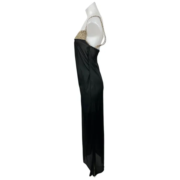 Women's Black Leopard Sleeveless Sheer Mesh Tank Cami Maxi Slip Dress Size M - Image 3