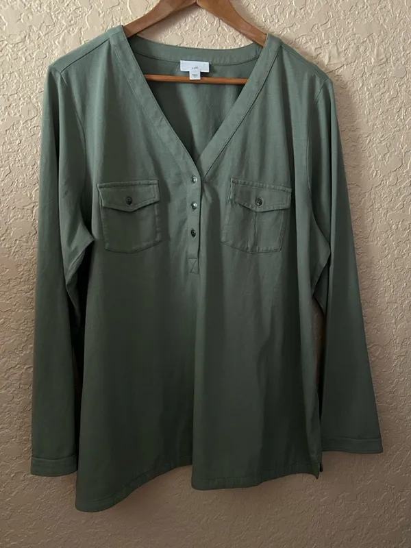 🩷 J. Jill Women Henley Top Large Green Long Sleeve V-Neck Utility Pockets Cotton - Image 11