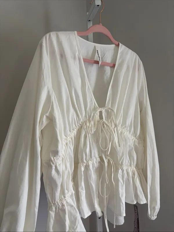 Missguided Tiered Ruched Balloon Long Sleeve Blouse Size L Drawstring Gathered - Image 8