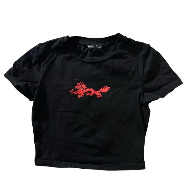 SHEIN Cropped T-Shirt Womens Small Black Red Dragon‎ Cropped Graphic Crew Neck - Image 2