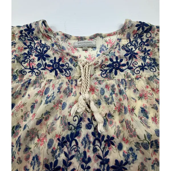 World Market Floral Embroidered Peasant Blouse Cream Blue‎ Pink S/M Smocked Top - Image 6