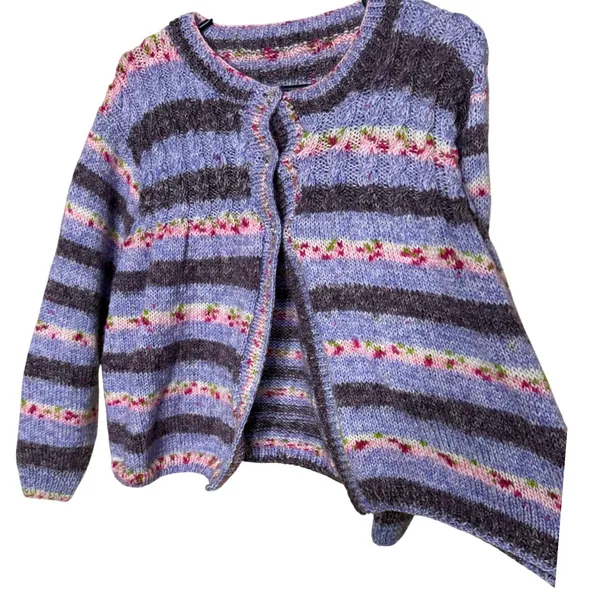 Handmade Hand Crocheted Purple Striped Cardigan 3 Button Crew Neck Sweater L/XL - Image 4