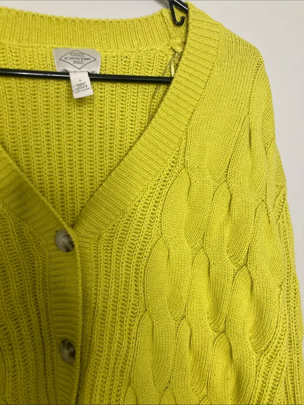 St. John's Bay Neon Yellow Cable Knit V-Neck Cardigan S - Image 5